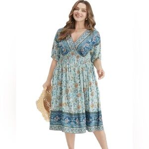 Bloomchic | Womens Teal Floral Midi Dress w/ Pockets & Side Slits - Size 18/20